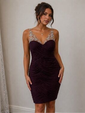 ADRIANNA PAPELL Purple Rouched Beaded Sleeveless Cocktail Dress | Sz 10